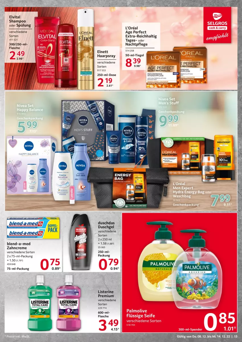 Aktueller Prospekt Selgros - Food - von 08.12 bis 14.12.2022 - strona 15 - produkty: blend-a-med, creme, duschdas, duschgel, elnett, elvital, ente, flasche, listerine, loreal, nachtpflege, natur, natura, shampoo, shampoo oder spülung, spülung, tee, Ti, vita, zahncreme