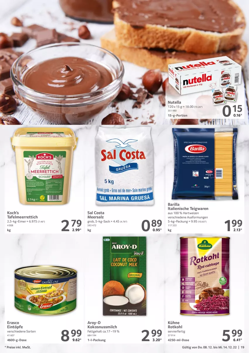 Aktueller Prospekt Selgros - Food - von 08.12 bis 14.12.2022 - strona 19 - produkty: barilla, eimer, eintöpfe, eis, erasco, hartweizen, kokos, kokosnuss, Kokosnussmilch, Kühne, meerrettich, meersalz, milch, nuss, nutella, reis, Rettich, rotkohl, rouge, sac, salz, teigwaren, Ti