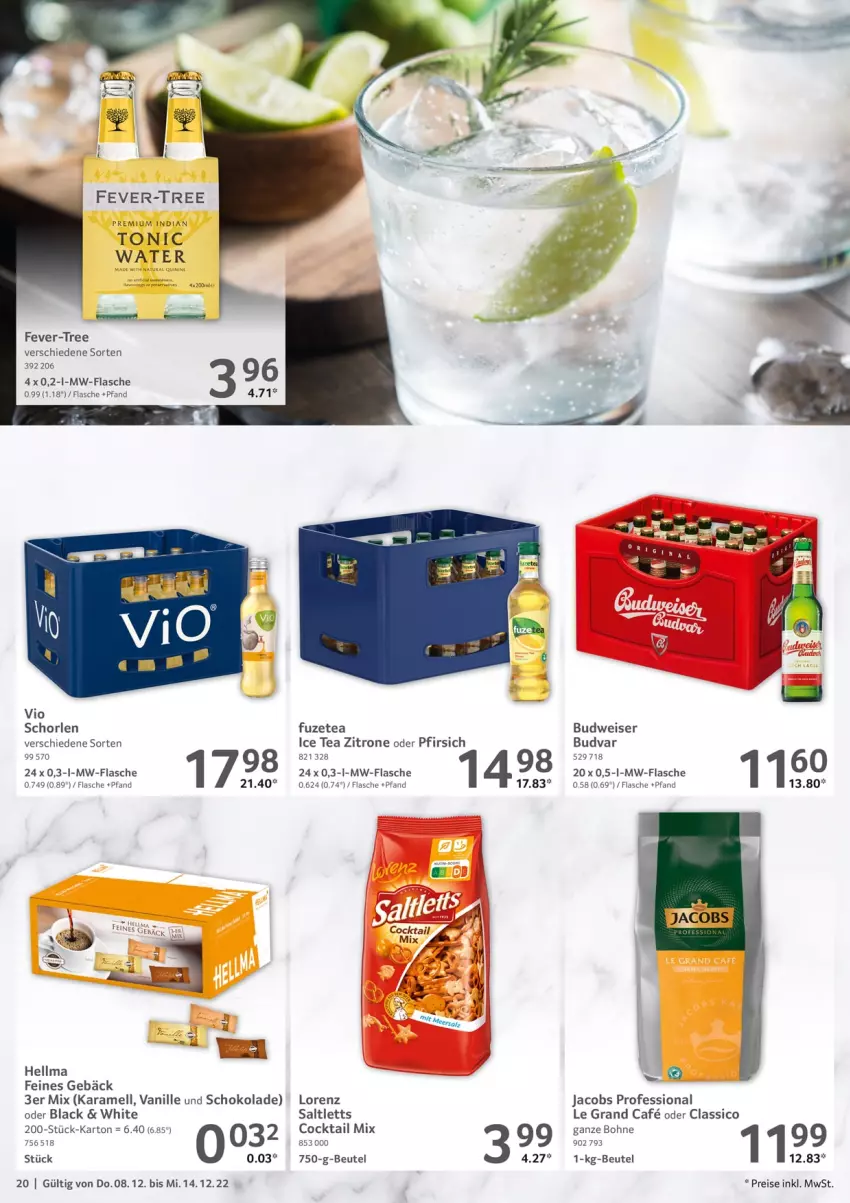 Aktueller Prospekt Selgros - Food - von 08.12 bis 14.12.2022 - strona 20 - produkty: beutel, bohne, budweiser, classico, cocktail, eis, fever-tree, flasche, fuzetea, ice tea, jacobs, karamell, lack, lorenz, mw-flasche, pfirsich, reis, saltletts, schoko, schokolade, schorle, Ti, tonic, tonic water, vanille, zitrone