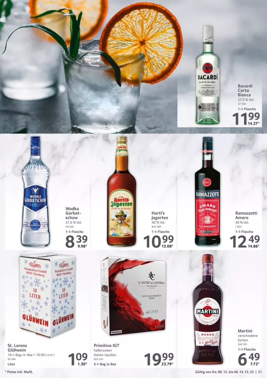 Aktueller Prospekt Selgros - Food - von 08.12 bis 14.12.2022 - strona 21 - produkty: amaro, bacardi, bag-in-box, eis, elle, flasche, Glühwein, Jagertee, lorenz, martini, primitivo, rama, ramazzott, ramazzotti, reis, tee, Ti, wein, wodka, zott