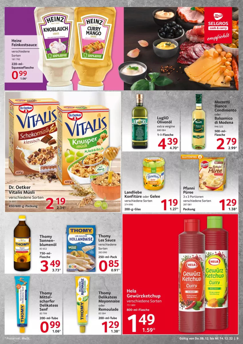 Aktueller Prospekt Selgros - Food - von 08.12 bis 14.12.2022 - strona 9 - produkty: blume, blumen, blumenöl, delikatess senf, Dr. Oetker, eier, feinkost, flasche, gelee, gin, heinz, hollandaise, konfitüre, landliebe, lenco, mayonnaise, Mode, müsli, olive, oliven, olivenöl, olivenöl extra, pfanni, püree, remoulade, sauce, senf, thomy, Ti, vita, vitalis, vitalis müsli, Yo