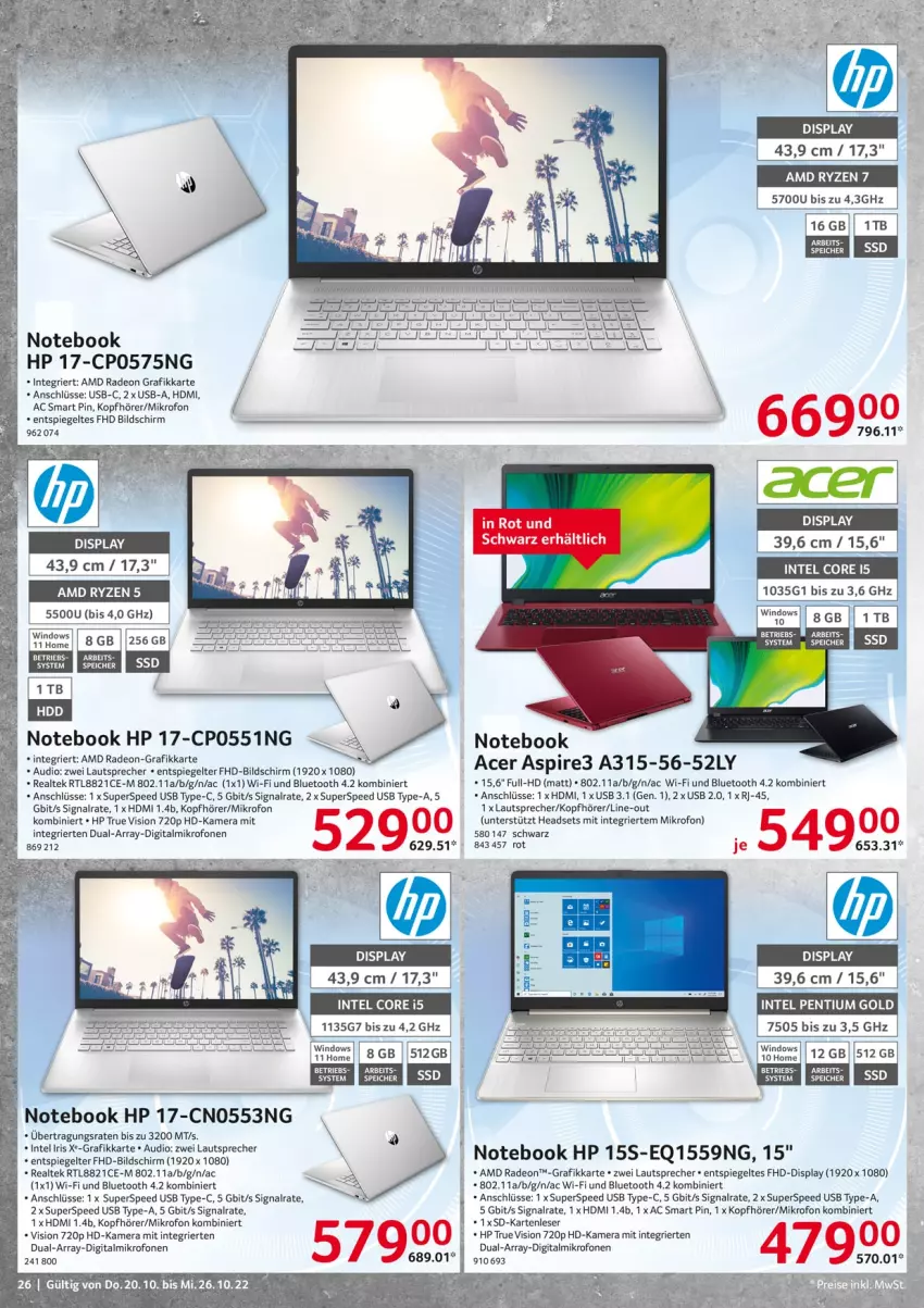 Aktueller Prospekt Selgros - Nonfood - von 20.10 bis 26.10.2022 - strona 26 - produkty: acer, AMD Radeon, deo, ente, HDD, HDMI, Headset, HP, Intel, kamera, kopfhörer, lautsprecher, notebook, Pentium, radeon, Rana, Signal, spee, spiegel, tee, Ti, usb, Yo