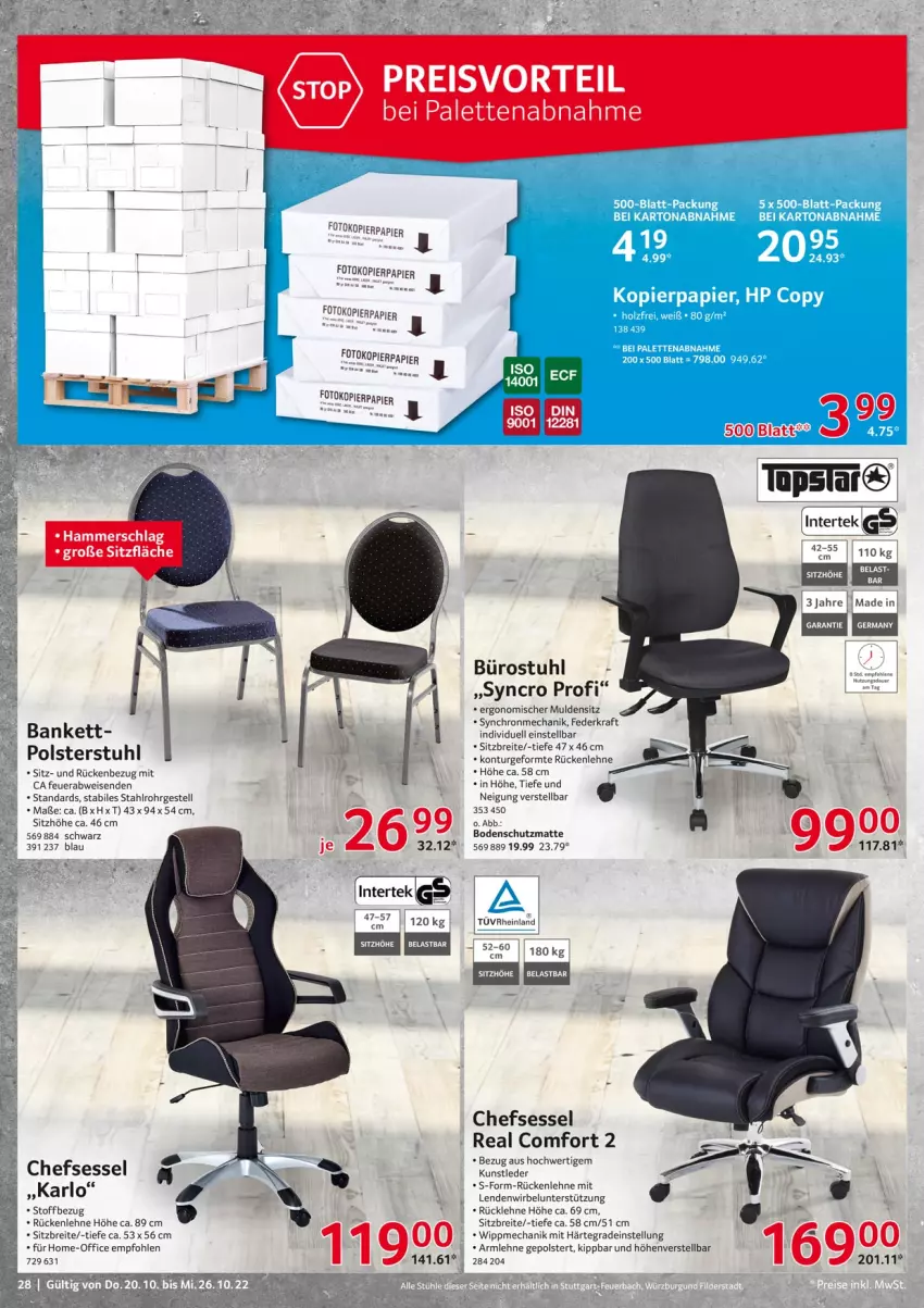 Aktueller Prospekt Selgros - Nonfood - von 20.10 bis 26.10.2022 - strona 28 - produkty: arlo, Bank, Brei, chefsessel, eis, intertek, intertek gs, kopierpapier, kraft, office, Palette, papier, polsterstuhl, preisvorteil, reis, rückenlehne, sessel, Sitzhöhe, stuhl, Ti