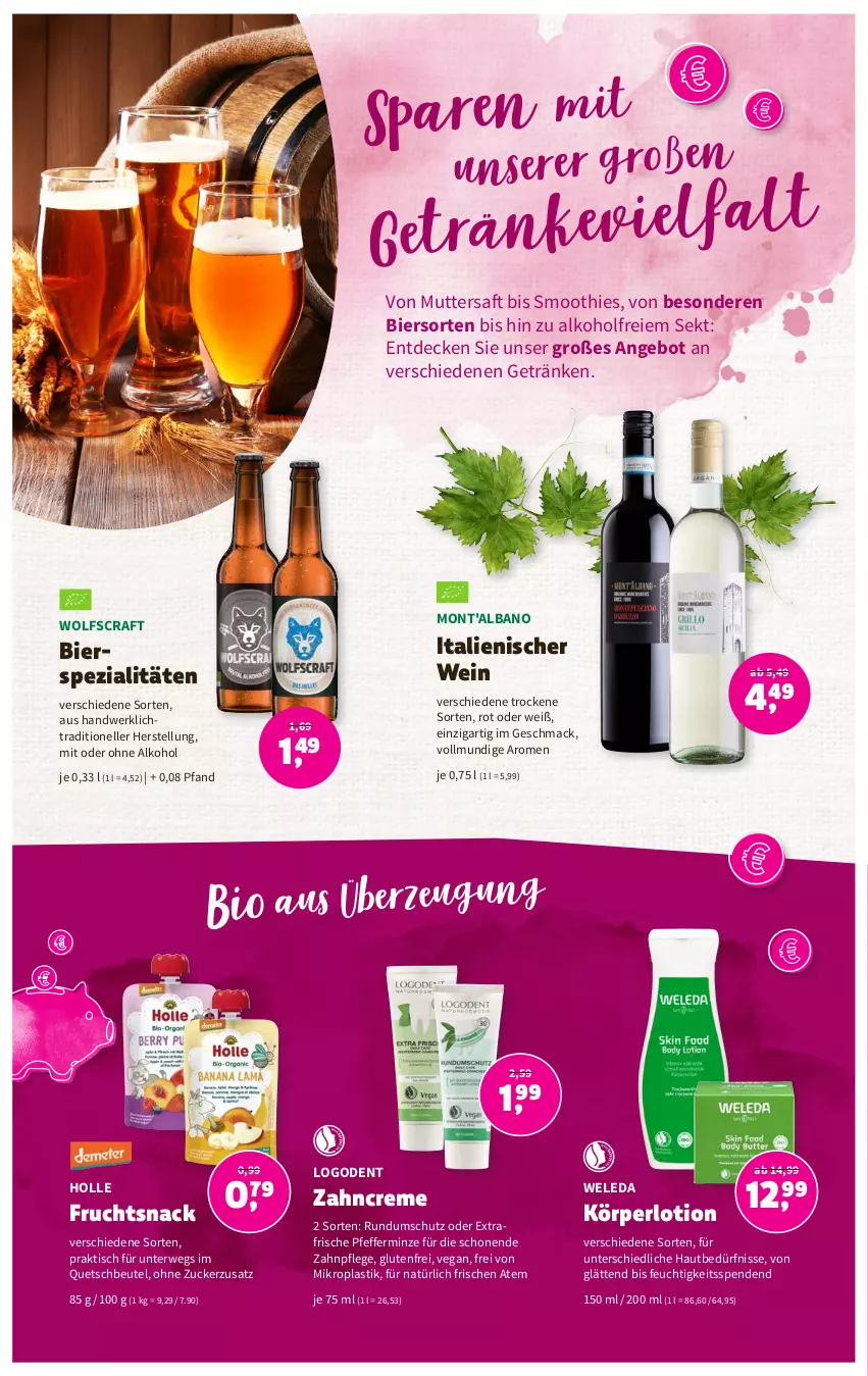 Aktueller Prospekt Denns Biomarkt - Prospekte - von 15.02 bis 28.02.2023 - strona 10 - produkty: alkohol, angebot, asti, beutel, bier, bierspezialitäten, bio, creme, decke, elle, frucht, getränk, getränke, Körperlotion, Lotion, mac, minze, ohne alkohol, pfeffer, pfefferminze, quetschbeutel, rwe, saft, sekt, smoothie, smoothies, snack, Spezi, Ti, tisch, wein, weleda, zahncreme, zucker