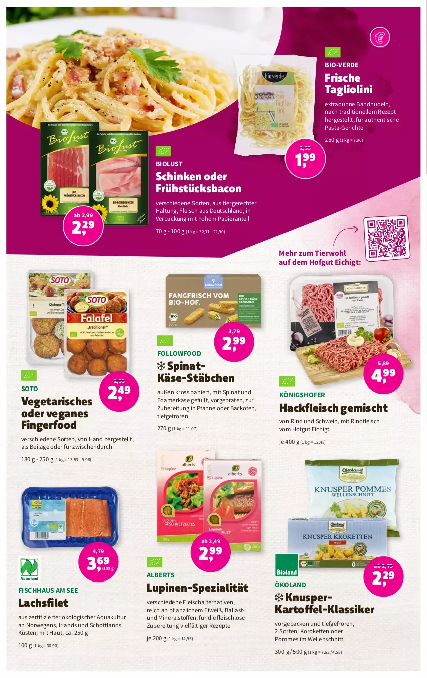 Aktueller Prospekt Denns Biomarkt - Prospekte - von 15.02 bis 28.02.2023 - strona 5 - produkty: aqua, backofen, bacon, ball, bio, braten, edamer, eis, elle, erde, filet, fisch, fleisch, Fleischalternative, geback, hackfleisch, hackfleisch gemischt, hofgut, ilag, kartoffel, Käse, Kette, lachs, lachsfilet, nudel, nudeln, Ofen, papier, pasta, pfanne, pommes, rezept, rezepte, rind, rindfleisch, rwe, Schal, schinken, schott, schwein, Spezi, spinat, Tagliolini, Ti, tisch, Vegeta, wein