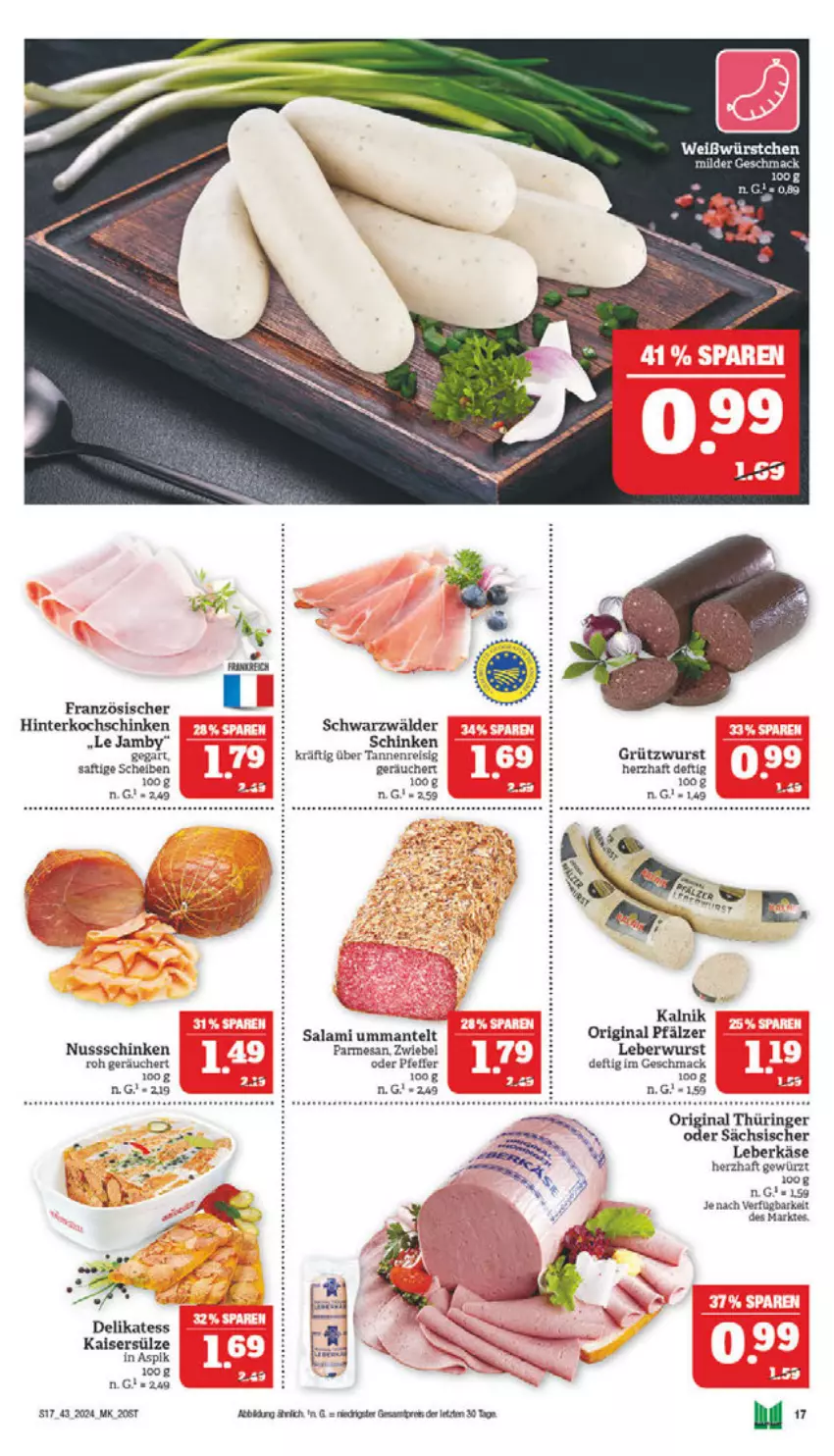 Aktueller Prospekt Marktkauf - Prospekt - von 20.10 bis 26.10.2024 - strona 17 - produkty: eis, gewürz, gin, hinterkochschinken, Kaiser, Kaisersülze, Käse, kochschinken, leberkäs, leberkäse, leberwurst, mac, mam, Mantel, nuss, original thüringer, pfeffer, reis, ring, saft, salami, schinken, Ti, wurst, würstchen, ZTE, zwiebel