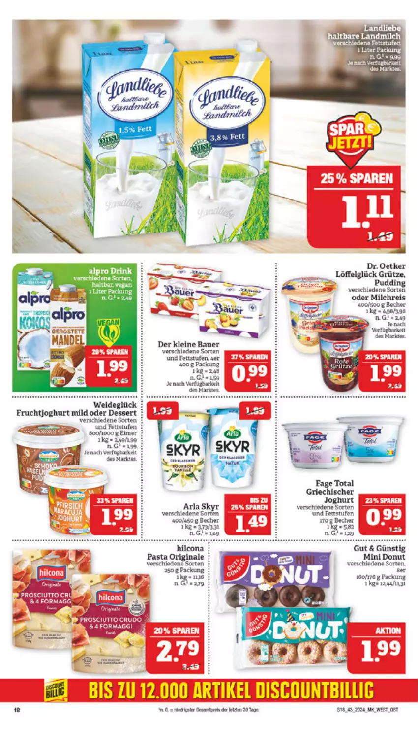 Aktueller Prospekt Marktkauf - Prospekt - von 20.10 bis 26.10.2024 - strona 18 - produkty: alpro, arla, arla skyr, auer, Bau, Bauer, Becher, dessert, Donut, Dr. Oetker, eier, eimer, eis, frucht, fruchtjoghurt, gin, grütze, hilcona, joghur, joghurt, joghurt mild, leine, LG, Löffel, milch, milchreis, pasta, pudding, reis, Skyr, tee, Ti