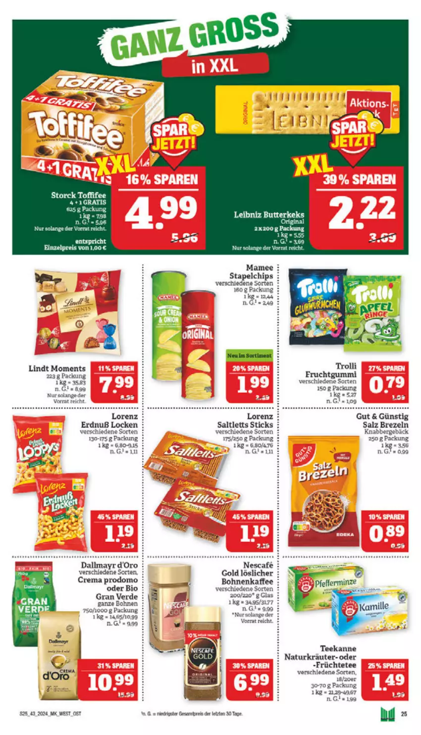 Aktueller Prospekt Marktkauf - Prospekt - von 20.10 bis 26.10.2024 - strona 25 - produkty: bio, bohne, bohnen, bohnenkaffee, brezel, Brezeln, butter, butterkeks, chips, dallmayr, eis, erde, frucht, früchte, Früchtetee, fruchtgummi, gin, kaffee, Kamill, kamille, keks, kräuter, leibniz, lorenz, mam, natur, nescafe, prodomo, saltletts, salz, storck, tee, teekanne, Ti, toffifee, trolli, trolli fruchtgummi