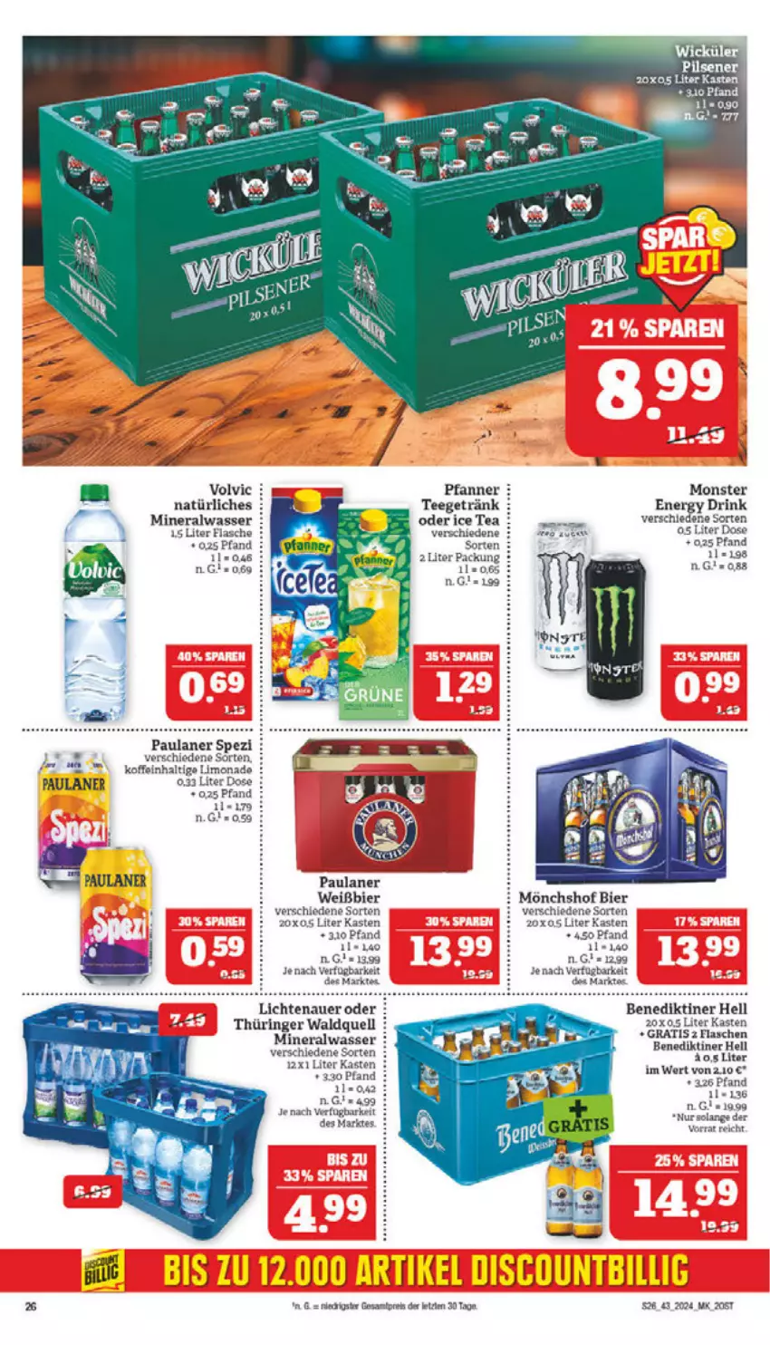 Aktueller Prospekt Marktkauf - Prospekt - von 20.10 bis 26.10.2024 - strona 26 - produkty: Alwa, auer, Benediktiner, bier, drink, eis, energy drink, flasche, getränk, hero, ice tea, lichtenauer, limo, limonade, mineralwasser, mönchshof, monster, Paula, paulaner, pfanne, Pfanner, reis, rel, ring, Spezi, tee, Ti, wasser