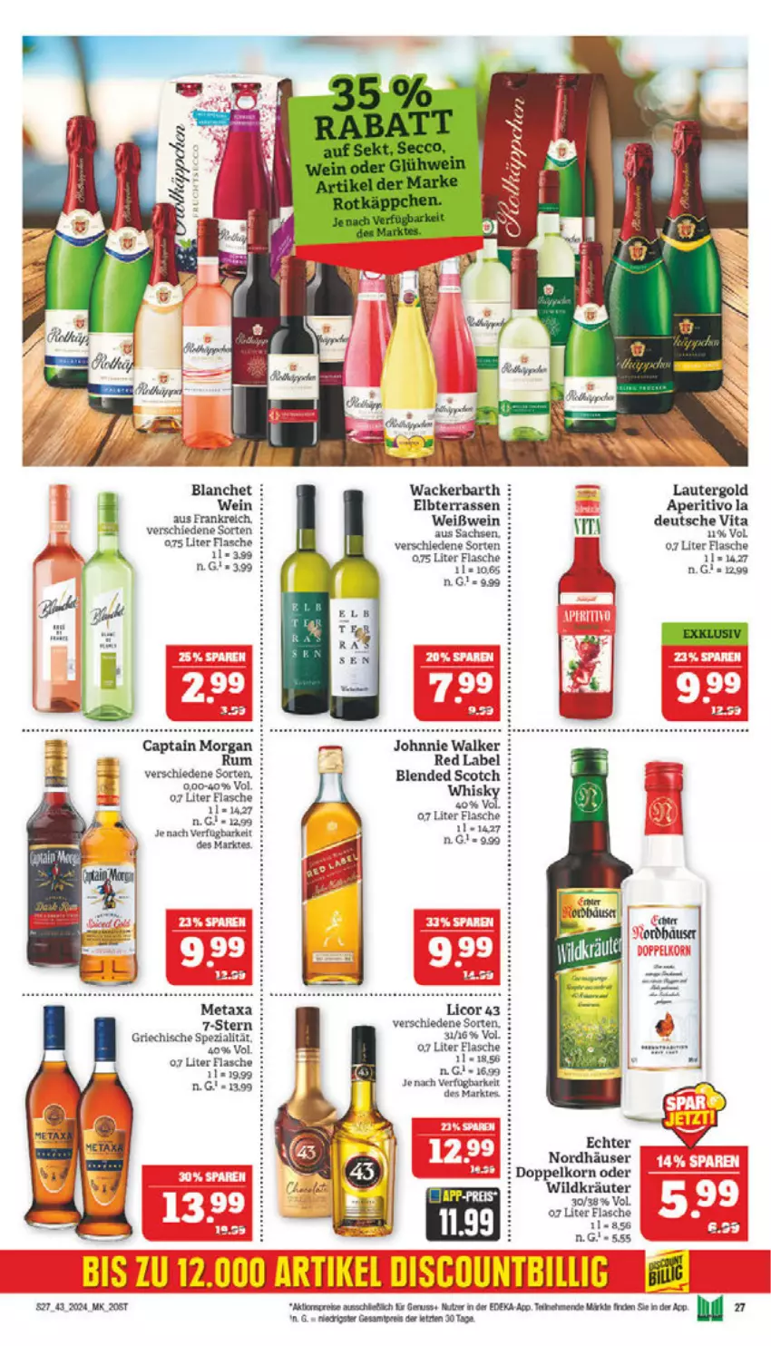 Aktueller Prospekt Marktkauf - Prospekt - von 20.10 bis 26.10.2024 - strona 27 - produkty: aktionspreis, blended scotch, Cap, captain morgan, deka, doppelkorn, eis, flasche, johnnie walker, korn, kräuter, licor, licor 43, Metaxa, reis, rum, scotch, Spezi, Ti, vita, wein, Weißwein, Wild