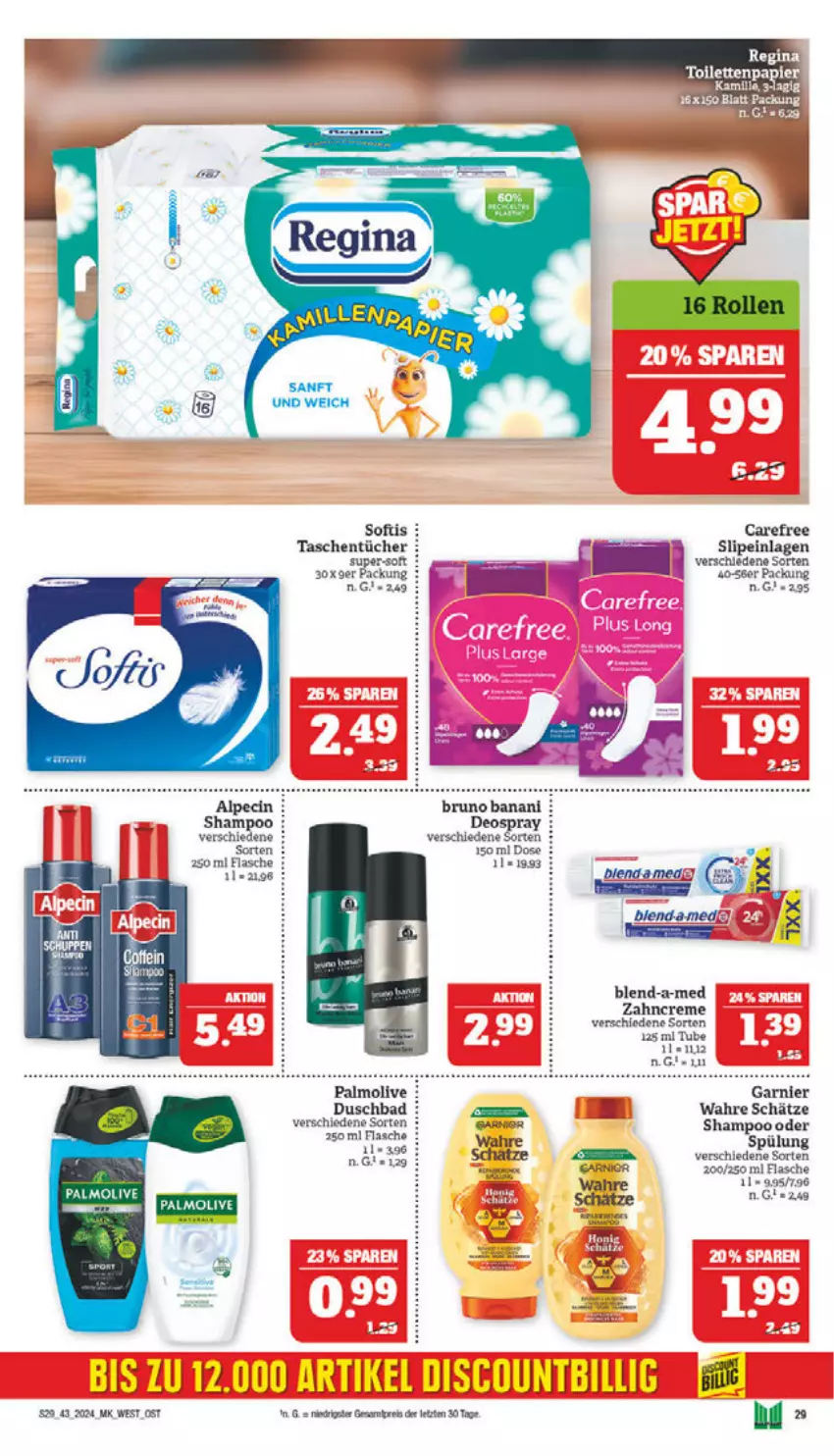 Aktueller Prospekt Marktkauf - Prospekt - von 20.10 bis 26.10.2024 - strona 29 - produkty: alpecin, Bad, blend-a-med, bruno banani, carefree, cin, creme, deo, deospray, duschbad, eis, flasche, garnier, olive, palmolive, reis, shampoo, shampoo oder spülung, slip, slipeinlagen, spülung, Tasche, taschen, taschentücher, Ti, tücher, Wahre Schätze, zahncreme, ZTE