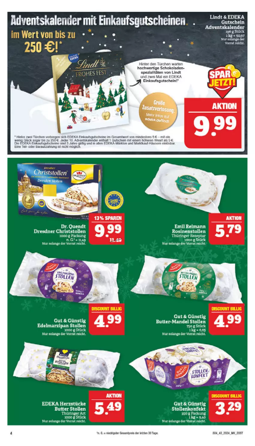 Aktueller Prospekt Marktkauf - Prospekt - von 20.10 bis 26.10.2024 - strona 4 - produkty: Adventskalender, butter, deka, eis, gutschein, gutscheine, lindt, mandel, reis, schoko, schokolade, schokoladen, Spezi, Stollen, Ti