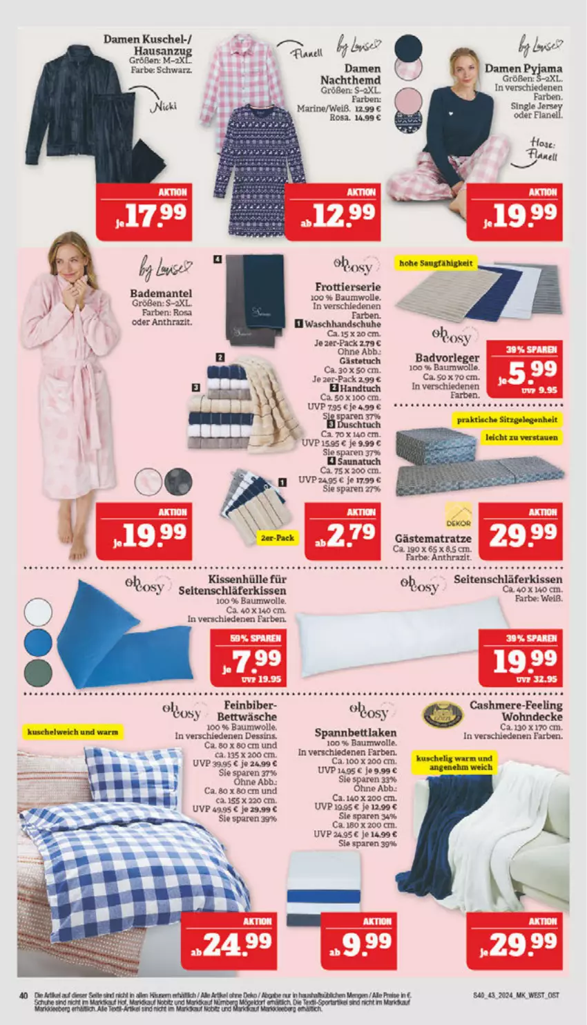 Aktueller Prospekt Marktkauf - Prospekt - von 20.10 bis 26.10.2024 - strona 40 - produkty: axe, Bad, Bademantel, Bau, baumwolle, bett, bettwäsche, cashmere, decke, deka, eis, gästetuch, handschuhe, handtuch, hemd, kissen, kissenhülle, Mantel, matratze, Nachthemd, Pyjama, reis, Saunatuch, schuhe, spannbettlaken, tee, Ti, tuc, waschhandschuh, wolle