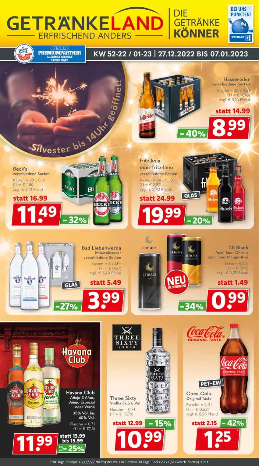 Aktueller Prospekt Getraenkeland - von 27.12.2022 bis 07.01.2023 - strona 1 - produkty: Alwa, Bad, Bad Liebenwerda, becks, bestpreis, coca-cola, cola, eis, elle, flasche, fritz, fritz-kola, getränk, getränke, gin, hasseröder, Havana Club, kiwi, lack, limo, mango, mineralwasser, reis, Three Sixty, vodka, wasser, Yo, ZTE