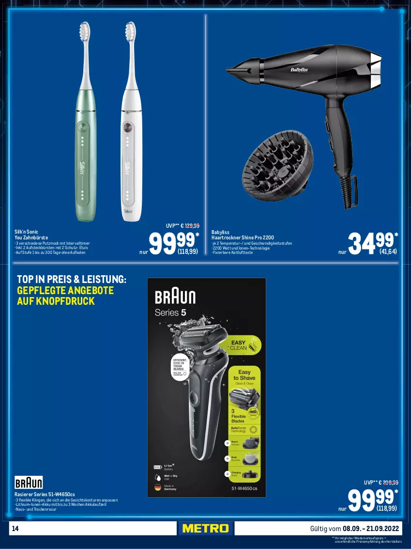 Aktueller Prospekt Metro - Technik Spezial - von 08.09 bis 21.09.2022 - strona 14 - produkty: adapter, akku, angebot, angebote, aufsteckbürsten, auto, BaByliss, bluetooth-lautsprecher, bürste, bürsten, eis, elle, festplatte, haartrockner, hama, HDMI, jbl, kamera, Kameras, latte, lautsprecher, Radio, rasierer, reis, ring, Roller, rum, rwe, teller, thermostat, Ti, timer, tisch, top-hit, Trockner, uhd, usb, wasser, Yo, zahnbürste