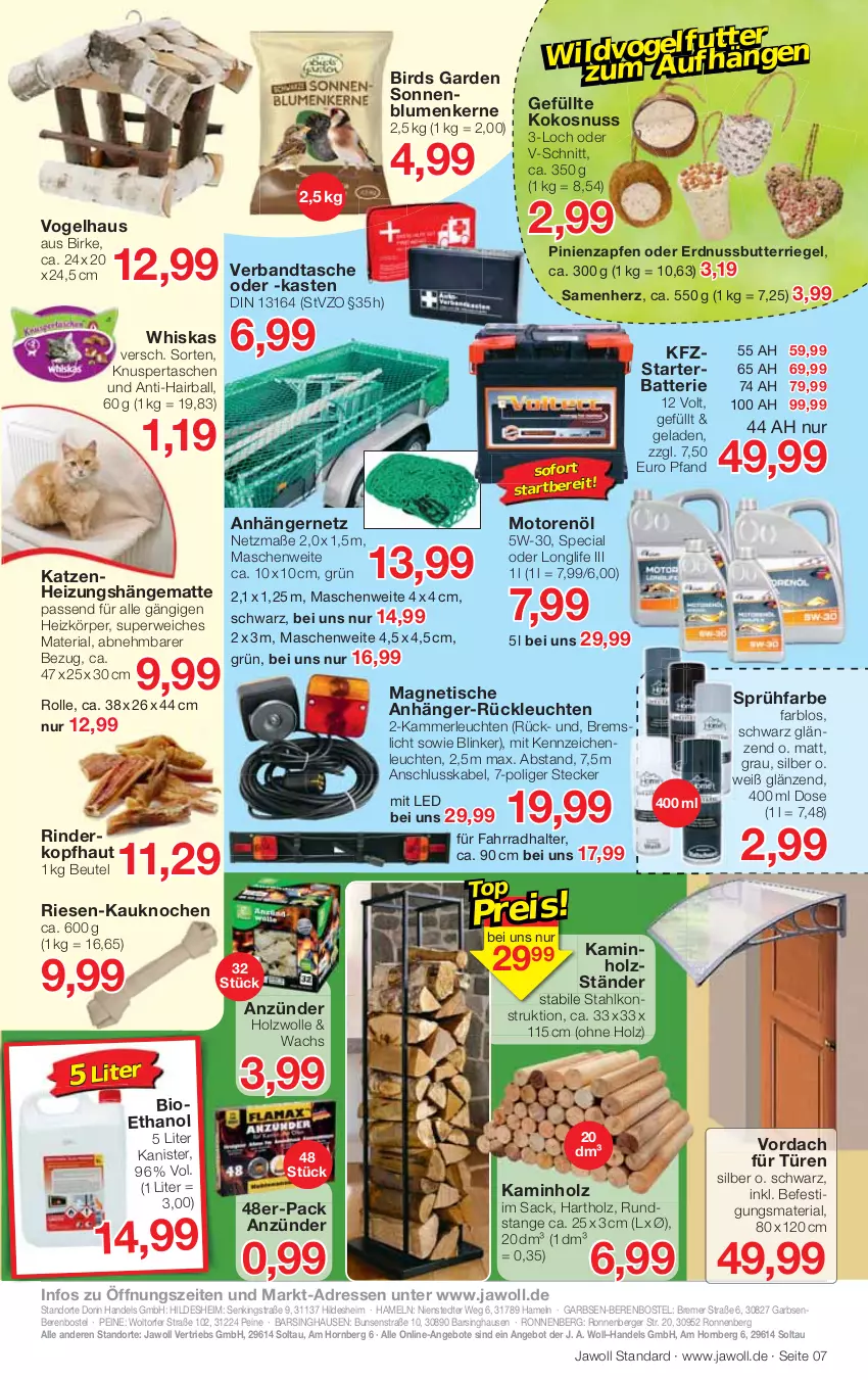 Aktueller Prospekt Jawoll - Prospekte - von 15.01 bis 21.01.2023 - strona 7 - produkty: angebot, angebote, Anhänger, anzünder, ball, batterie, Berger, beutel, bio, blume, blumen, butter, erdnuss, Erdnussbutter, Fahrrad, Fahrradhalter, hängematte, Holz, Kamin, Kaminholz, kokos, kokosnuss, Leuchte, leuchten, longlife, merl, motorenöl, nuss, passend für alle, Ria, riegel, rind, rinder, rwe, sac, sonnenblume, sonnenblumen, Sonnenblumenkerne, Tasche, taschen, Ti, tisch, whiskas, wolle