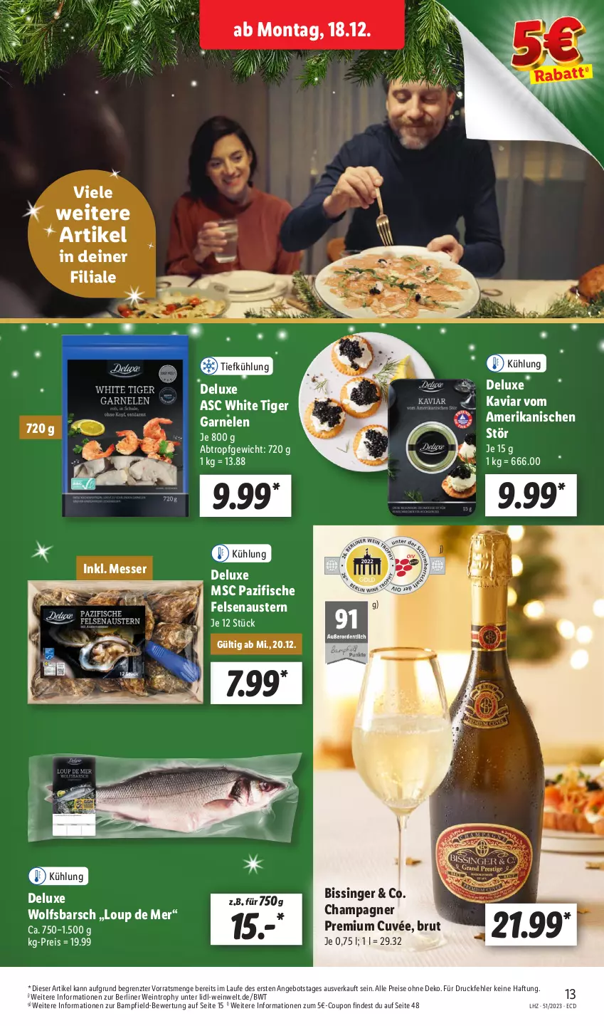 Aktueller Prospekt Lidl - Aktionsprospekt - von 18.12 bis 23.12.2023 - strona 15 - produkty: angebot, aust, Austern, berliner, brut, champagne, champagner, coupon, cuvée, eis, fisch, fische, garnelen, messer, reis, Ti, wein, wolfsbarsch, ZTE