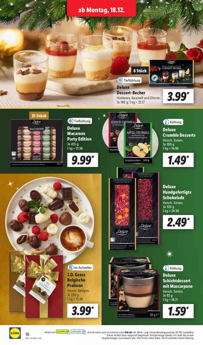 Aktueller Prospekt Lidl - Aktionsprospekt - von 18.12 bis 23.12.2023 - strona 18 - produkty: angebot, Becher, beere, Belgische Pralinen, dessert, desserts, eis, elle, himbeer, himbeere, karamell, LG, mac, Macarons, mascarpone, ndk, pralinen, reis, rum, Schal, Schale, schoko, schokolade, teller, Ti, zitrone, ZTE