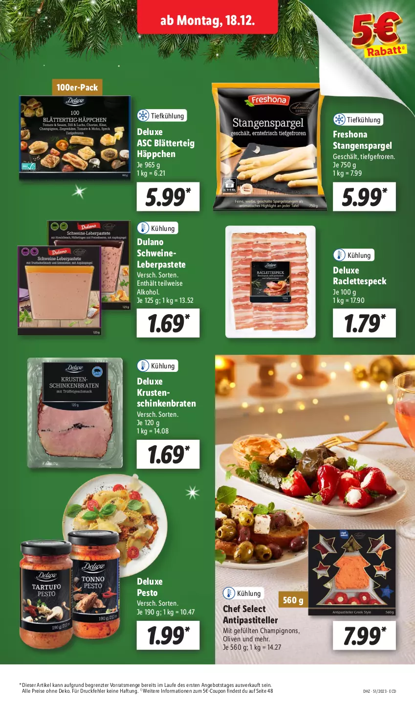 Aktueller Prospekt Lidl - Aktionsprospekt - von 18.12 bis 23.12.2023 - strona 21 - produkty: alkohol, angebot, antipasti, asti, blätterteig, braten, champignon, champignons, coupon, dulano, eis, elle, Krustenschinken, olive, oliven, pastete, pesto, reis, schinken, schinkenbraten, schwein, schweine, Schweineleber, spargel, Speck, stangenspargel, teller, Ti, wein, weine, ZTE