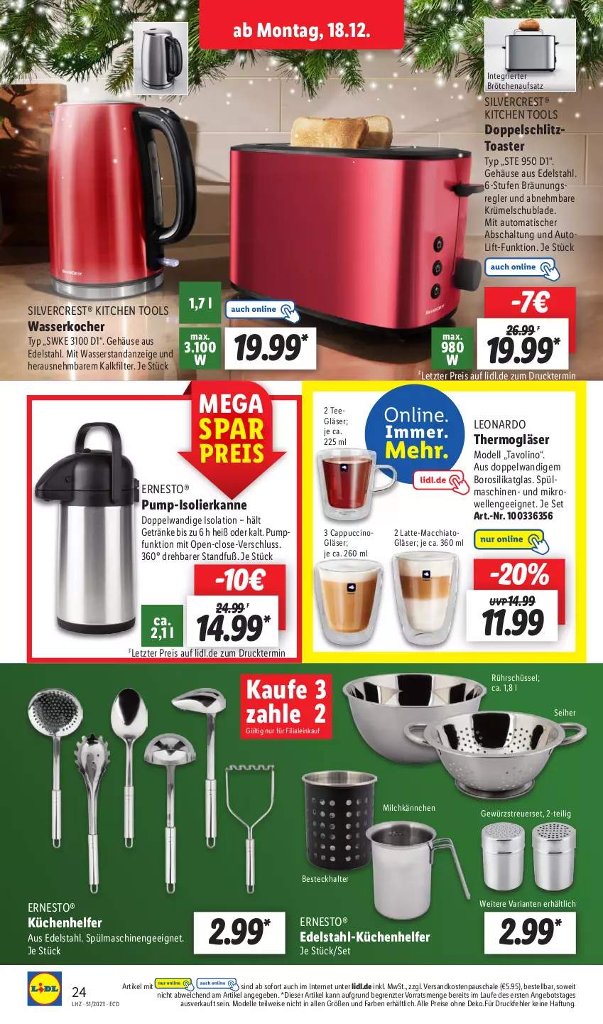 Aktueller Prospekt Lidl - Aktionsprospekt - von 18.12 bis 23.12.2023 - strona 28 - produkty: ACC, angebot, auto, besteck, Besteckhalter, brötchen, brötchenaufsatz, Cap, cappuccino, chia, cin, dell, edelstahl, eis, elle, ernesto, getränk, getränke, gewürz, Gläser, isolierkanne, Kocher, küche, Küchen, Küchenhelfer, latte, leonardo, mac, macchiato, milch, Mode, ndk, reis, Ria, Rührschüssel, Schal, Schale, schüssel, silvercrest, spülmaschinen, tee, Thermogläser, Ti, tisch, toast, toaster, wasser, wasserkocher, ZTE