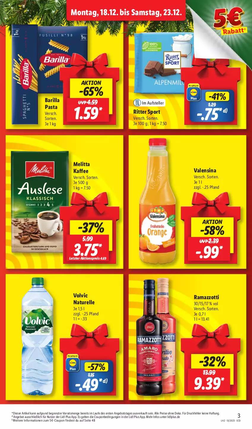 Aktueller Prospekt Lidl - Aktionsprospekt - von 18.12 bis 23.12.2023 - strona 3 - produkty: aktionspreis, angebot, barilla, coupon, eis, elle, kaffee, melitta, natur, pasta, rama, ramazzott, ramazzotti, reis, rel, ritter, ritter sport, Sport, teller, Ti, valensina, volvic, zott, ZTE