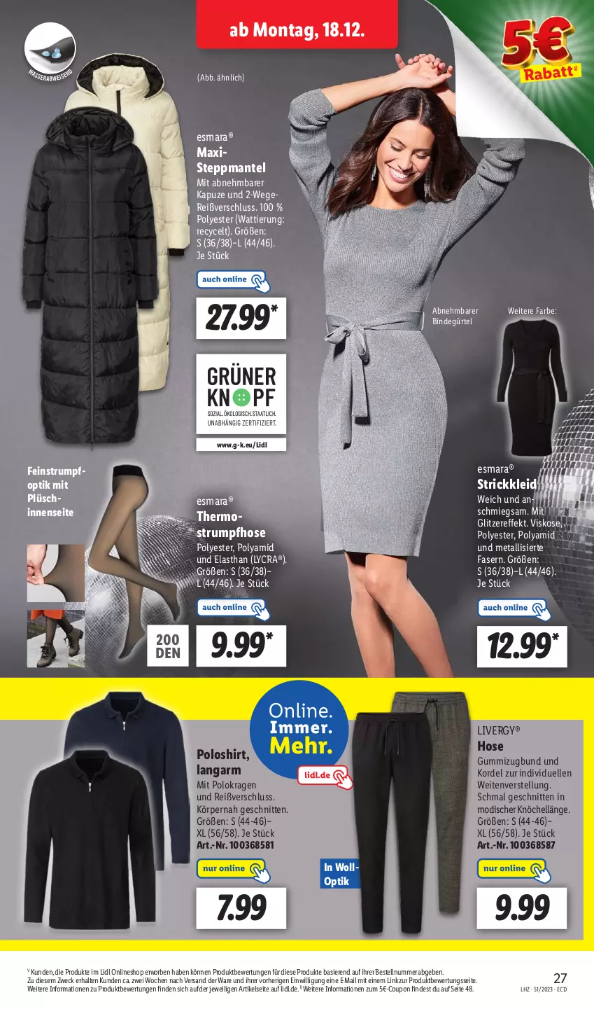 Aktueller Prospekt Lidl - Aktionsprospekt - von 18.12 bis 23.12.2023 - strona 31 - produkty: coupon, elle, esmara, hose, kleid, livergy, Mantel, Plüsch, poloshirt, rum, schnitten, shirt, Steppmante, Strickkleid, Strumpfhose, Thermostrumpfhose, Ti, weck