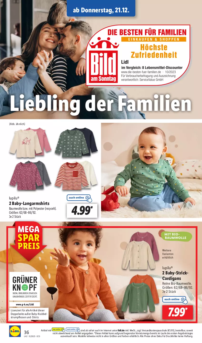 Aktueller Prospekt Lidl - Aktionsprospekt - von 18.12 bis 23.12.2023 - strona 40 - produkty: angebot, Bau, baumwolle, bio, bio-baumwolle, Cardigan, dell, eis, elle, hose, hosen, Langarmshirt, lupilu, Mode, ndk, reis, Ria, rum, Schal, Schale, shirt, shirts, Strumpfhose, Ti, wolle, ZTE