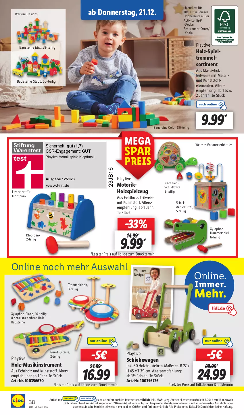 Aktueller Prospekt Lidl - Aktionsprospekt - von 18.12 bis 23.12.2023 - strona 42 - produkty: angebot, aust, Bank, Bau, decke, dell, eis, elle, ente, Holz, massivholz, Mode, Musikinstrument, ndk, reis, Ria, rum, Schal, Schale, Spiele, spielzeug, Ti, Tipi, tisch, trommel, würfel, Xylophon, ZTE