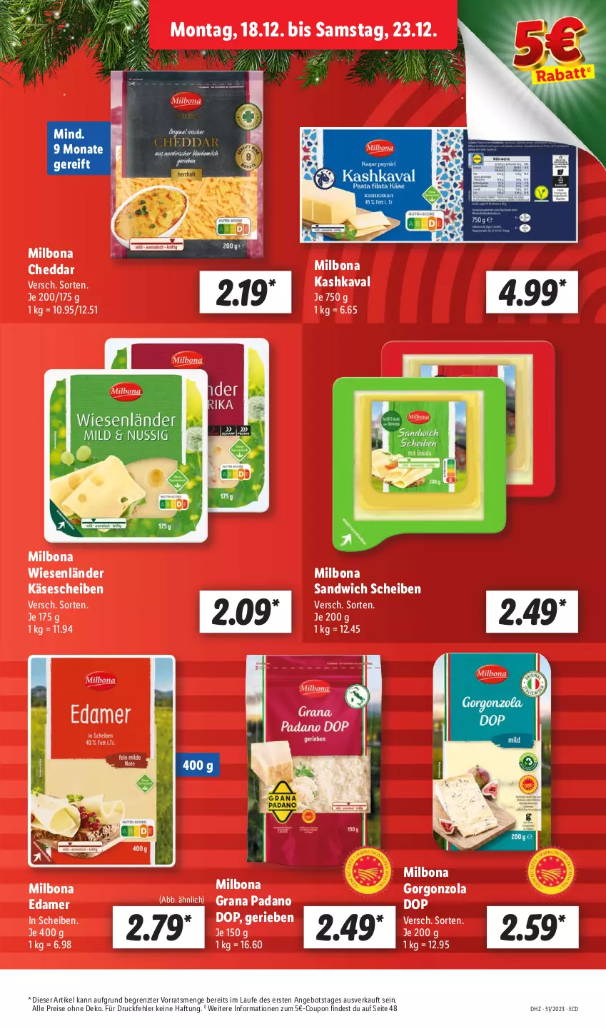 Aktueller Prospekt Lidl - Aktionsprospekt - von 18.12 bis 23.12.2023 - strona 51 - produkty: angebot, Bona, cheddar, coupon, edamer, eis, gorgonzola, grana, grana padano, Käse, käsescheiben, Kashkaval, Milbona, padano, Rana, reis, sandwich, Ti, ZTE