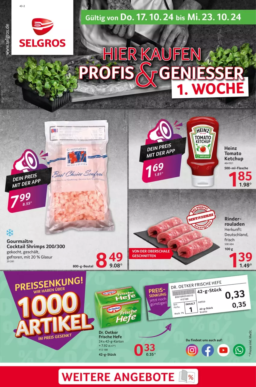 Aktueller Prospekt Selgros - Food - von 17.10 bis 23.10.2024 - strona 1 - produkty: angebot, angebote, beutel, brut, cocktail, Dr. Oetker, Hefe, heinz, ketchup, LG, rind, rinder, rouladen, sac, Schal, Schale, schnitten, tomato ketchup, wein