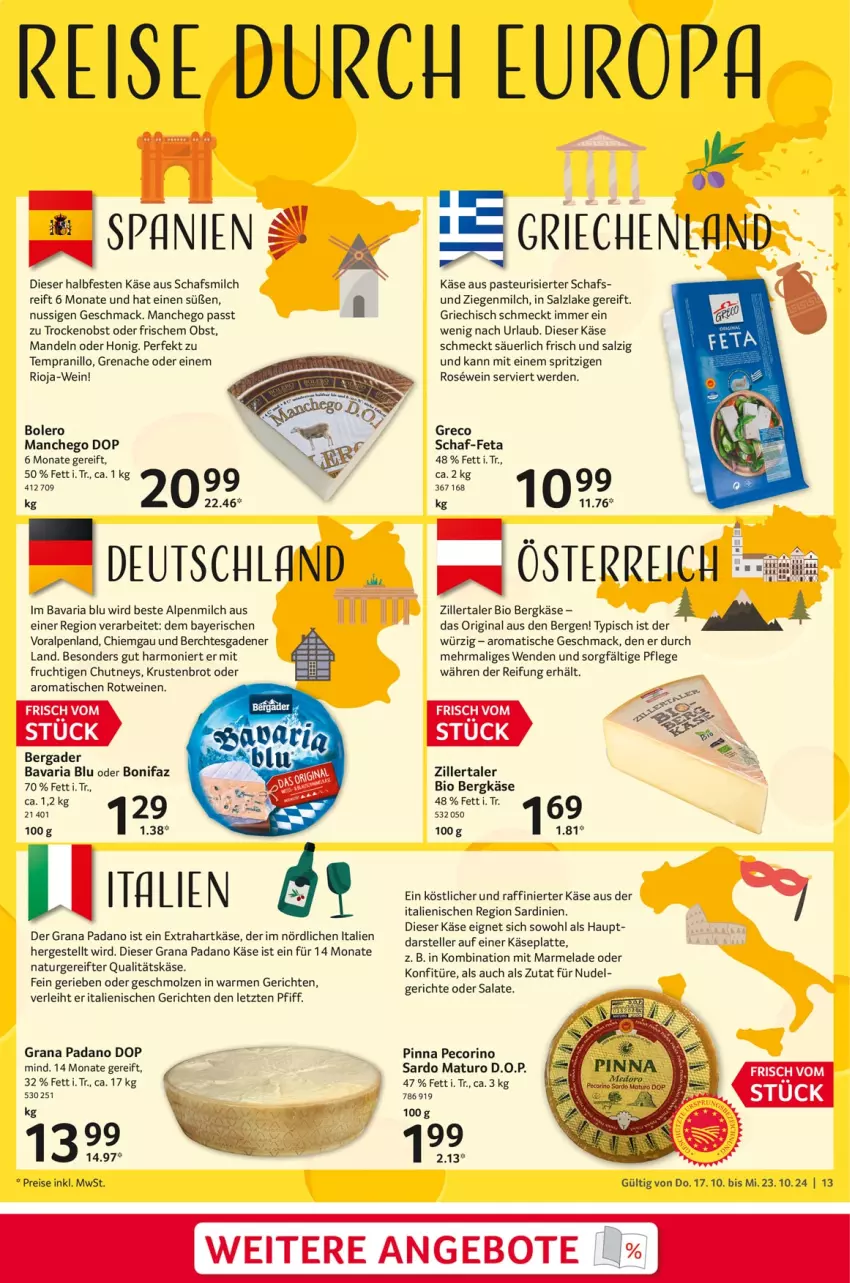 Aktueller Prospekt Selgros - Food - von 17.10 bis 23.10.2024 - strona 13 - produkty: alpenmilch, angebot, angebote, bavaria blu, bergader, Bergkäse, bio, brot, eis, elle, erde, feta, frucht, grana, grana padano, hartkäse, honig, Käse, konfitüre, Krustenbrot, mac, Manchego, mandel, mandeln, marmelade, milch, mit frucht, nudel, nuss, obst, padano, Pecorino, Rana, reis, Ria, rioja, rotwein, salat, salate, salz, teller, tempranillo, Ti, tisch, tuc, wein, weine, ZTE