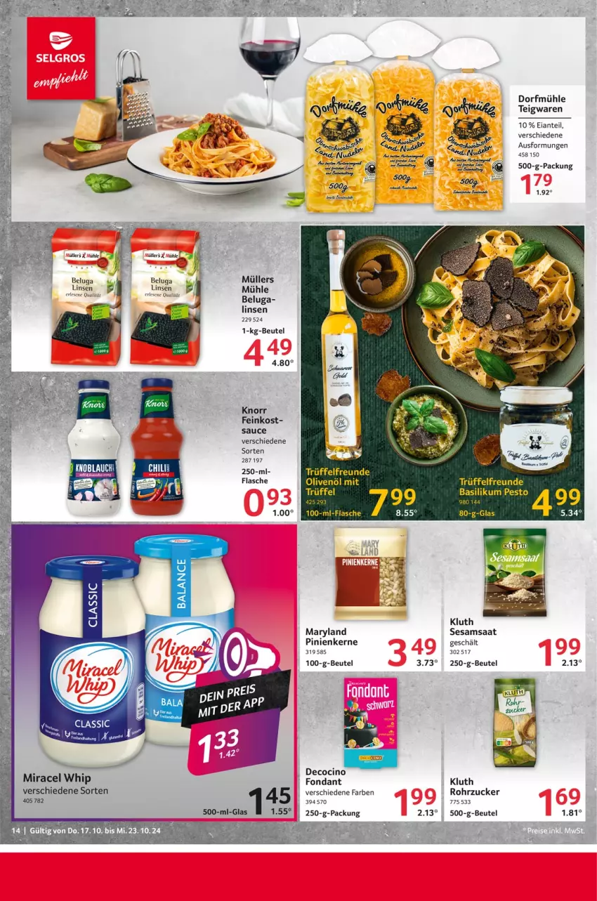 Aktueller Prospekt Selgros - Food - von 17.10 bis 23.10.2024 - strona 14 - produkty: basilikum, Beluga, beutel, cin, feinkost, flasche, knorr, linsen, miracel, miracel whip, Müller, olive, oliven, olivenöl, pesto, pinienkerne, rohrzucker, sauce, sesam, teigwaren, Ti, Trüffel, zucker