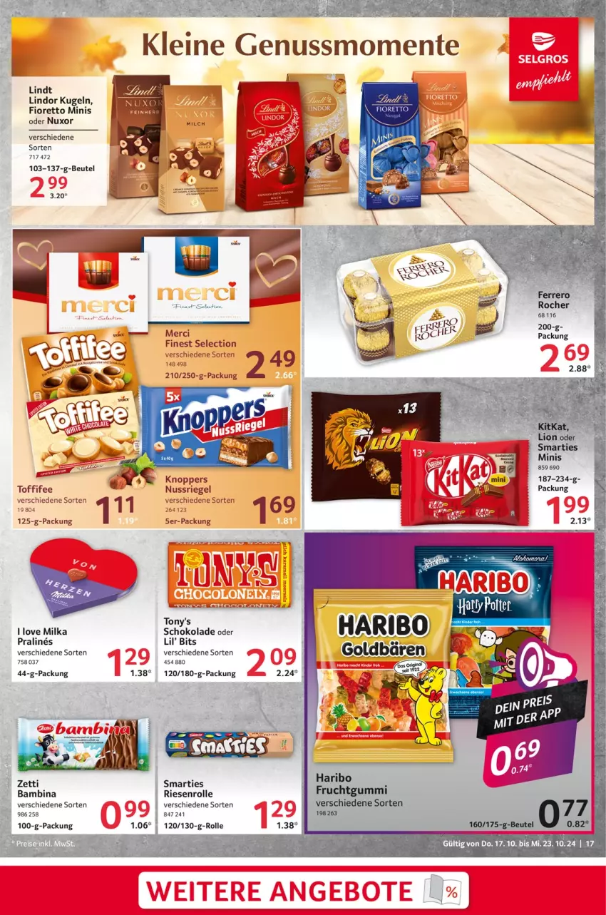 Aktueller Prospekt Selgros - Food - von 17.10 bis 23.10.2024 - strona 17 - produkty: beutel, frucht, fruchtgummi, knoppers, Kugel, lindor, lindt, merci, milka, milka schokolade, nuss, nussriegel, riegel, schoko, schokolade, smarties, tee, Ti, toffifee