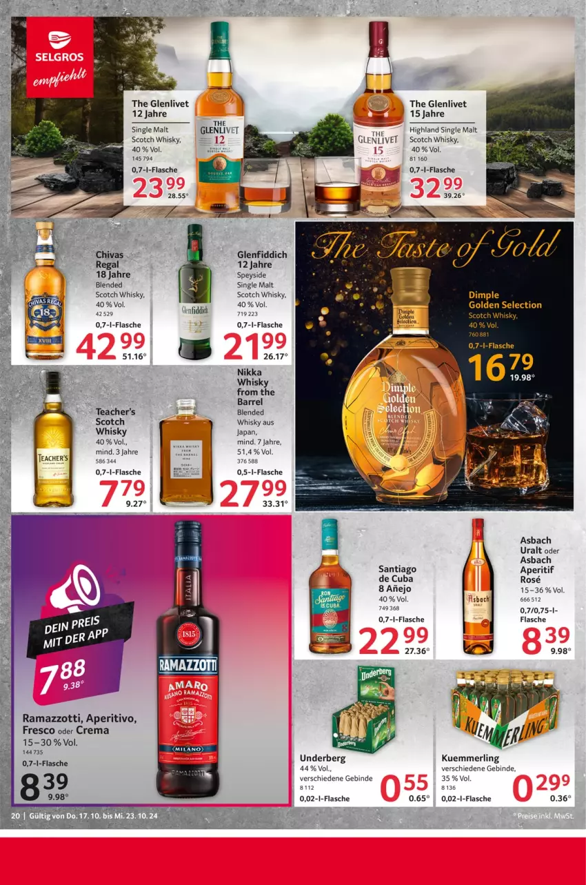 Aktueller Prospekt Selgros - Food - von 17.10 bis 23.10.2024 - strona 20 - produkty: aperitif, asbach uralt, flasche, kuemmerling, merl, rama, ramazzott, ramazzotti, regal, rel, scotch, scotch whisky, single malt, Ti, underberg, whisky, zott