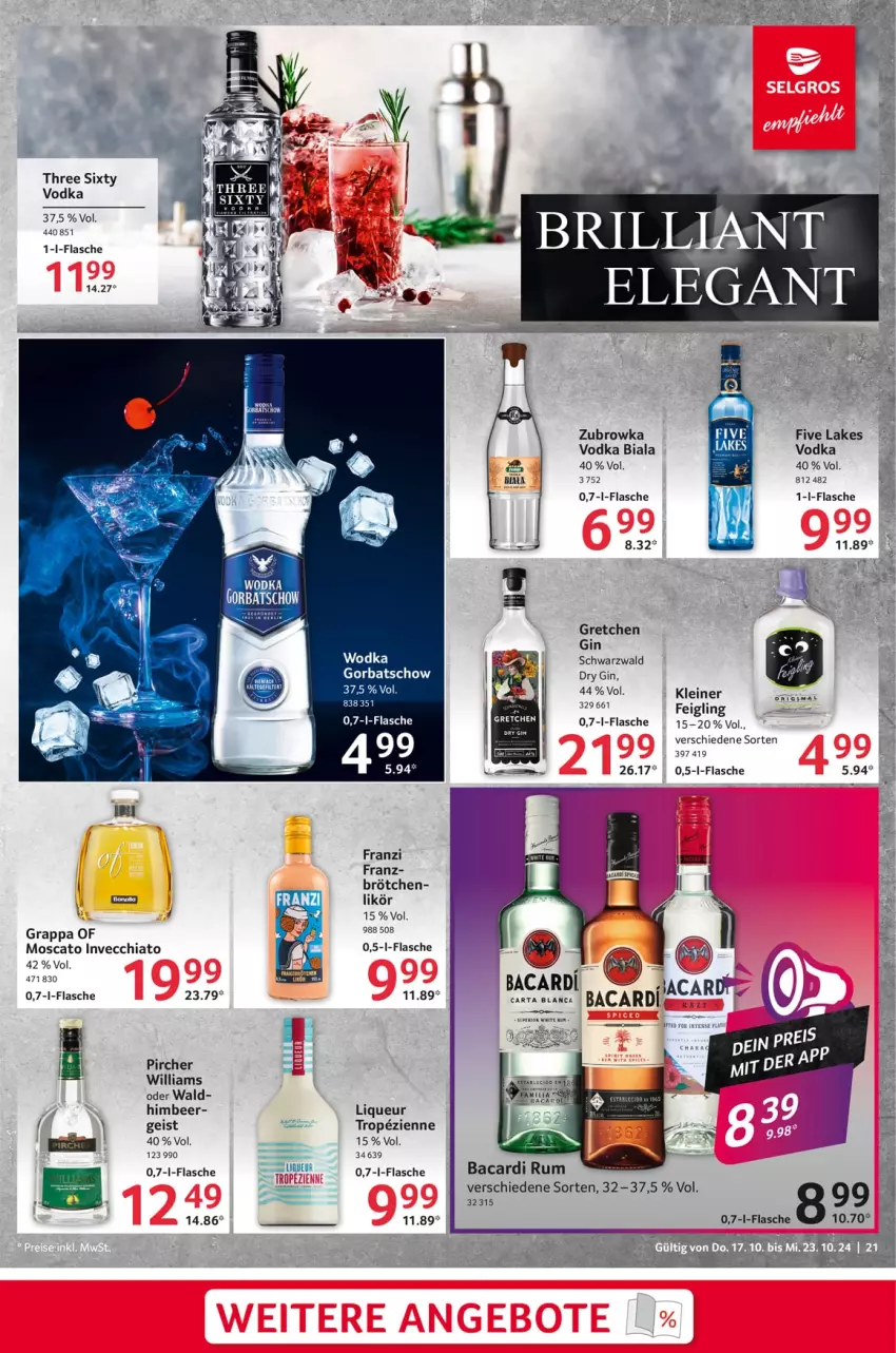 Aktueller Prospekt Selgros - Food - von 17.10 bis 23.10.2024 - strona 21 - produkty: bacardi, bacardi rum, brötchen, chia, dry gin, eis, flasche, gin, Gorbatschow, grappa, himbeer, likör, liqueur, pircher, rum, Three Sixty, vodka, wodka