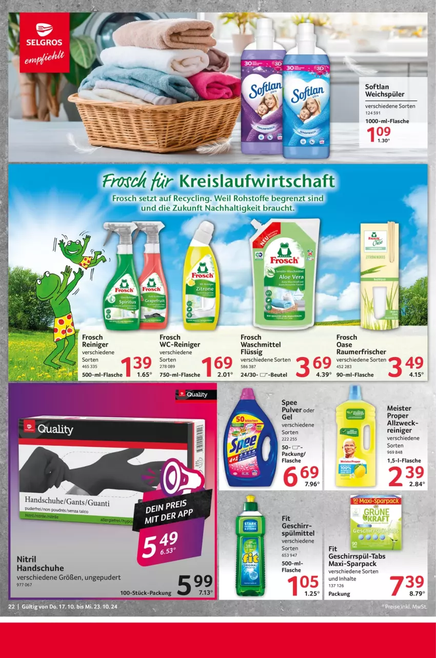 Aktueller Prospekt Selgros - Food - von 17.10 bis 23.10.2024 - strona 22 - produkty: beutel, Clin, eis, flasche, Frosch, geschirr, handschuhe, Meister, meister proper, Rauch, Raumerfrischer, reiniger, reis, schuhe, Softlan, spee, spülmittel, Ti, waschmittel, wc-reiniger, weck, weichspüler