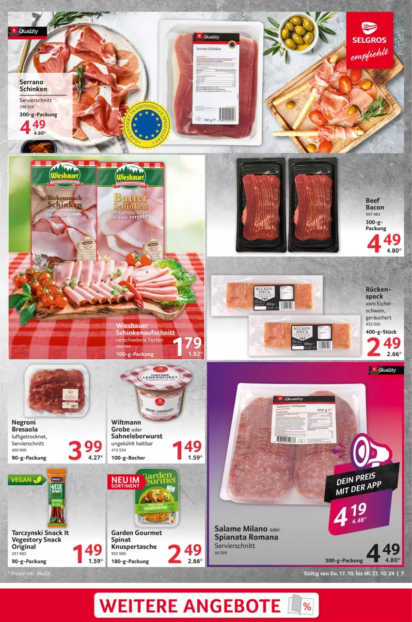 Aktueller Prospekt Selgros - Food - von 17.10 bis 23.10.2024 - strona 7 - produkty: Becher, Bresaola, garden gourmet, gin, leberwurst, resa, sahne, schinken, schwein, serrano, serrano schinken, snack, spinat, Tasche, wein, wiltmann, wurst