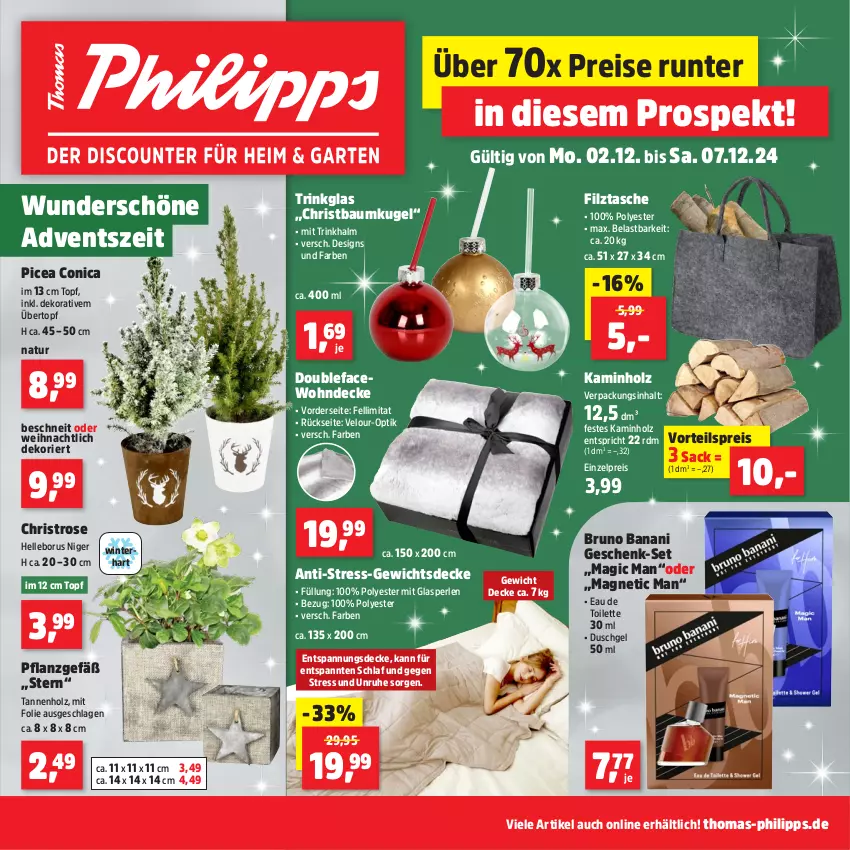 Aktueller Prospekt Thomas Philipps - von 02.12 bis 07.12.2024 - strona 1 - produkty: Bau, Baumkugel, bruno banani, decke, duschgel, eau de toilette, eau de toilette 30 ml, eis, elle, Holz, Kamin, Kaminholz, Kugel, natur, perlen, reis, sac, Tasche, Ti, topf, trinkglas, übertopf, vorteilspreis