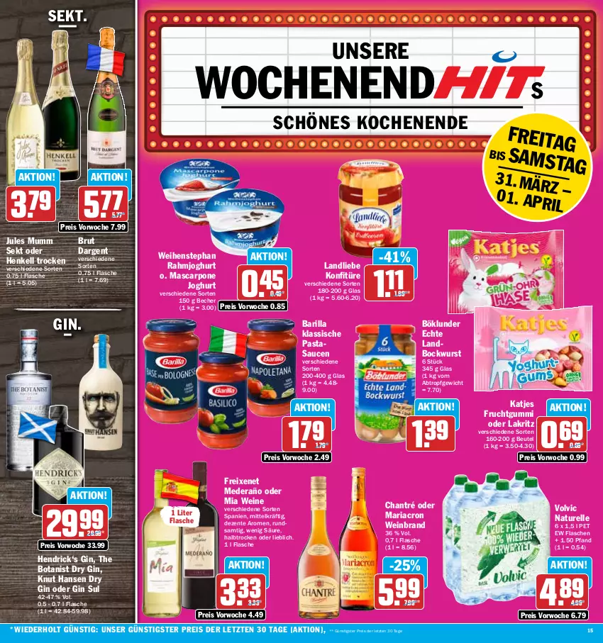 Aktueller Prospekt Hit - Prospekte - von 27.03 bis 01.04.2023 - strona 15 - produkty: barilla, Becher, beutel, bockwurst, böklunder, brut, brut dargent, chantré, dry gin, eis, elle, ente, flasche, freixenet, frucht, fruchtgummi, gin, henkel, henkell, Henkell Trocken, joghur, joghurt, jules mumm, katjes, konfitüre, Lakritz, landliebe, mariacron, mascarpone, mumm, natur, oder lakritz, pasta, rahmjoghurt, reis, rel, Ria, sauce, saucen, sekt, Ti, volvic, weihenstephan, wein, weinbrand, weine, wurst, ZTE