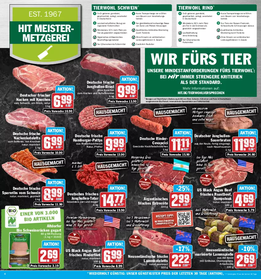 Aktueller Prospekt Hit - Prospekte - von 27.03 bis 01.04.2023 - strona 4 - produkty: auer, Bau, Bauer, beef, bio, braten, burger, cevapcici, champignon, champignons, eis, entrecôte, filet, fleisch, Geflügel, gewürz, grill, Grillkäse, hackfleisch, hamburger, jungbullen, Käse, kotelett, lack, lamm, lammkotelett, Lammspieße, mais, Meister, milch, monitor, nackenkoteletts, natur, pfeffer, pute, reis, Ria, rind, rinder, rinderfilet, rinderhackfleisch, ring, roastbeef, rum, rumpsteak, schwein, schweine, schweinerücken, spareribs, Spezi, Sport, steak, Ti, Tiere, tisch, wein, weine, ZTE