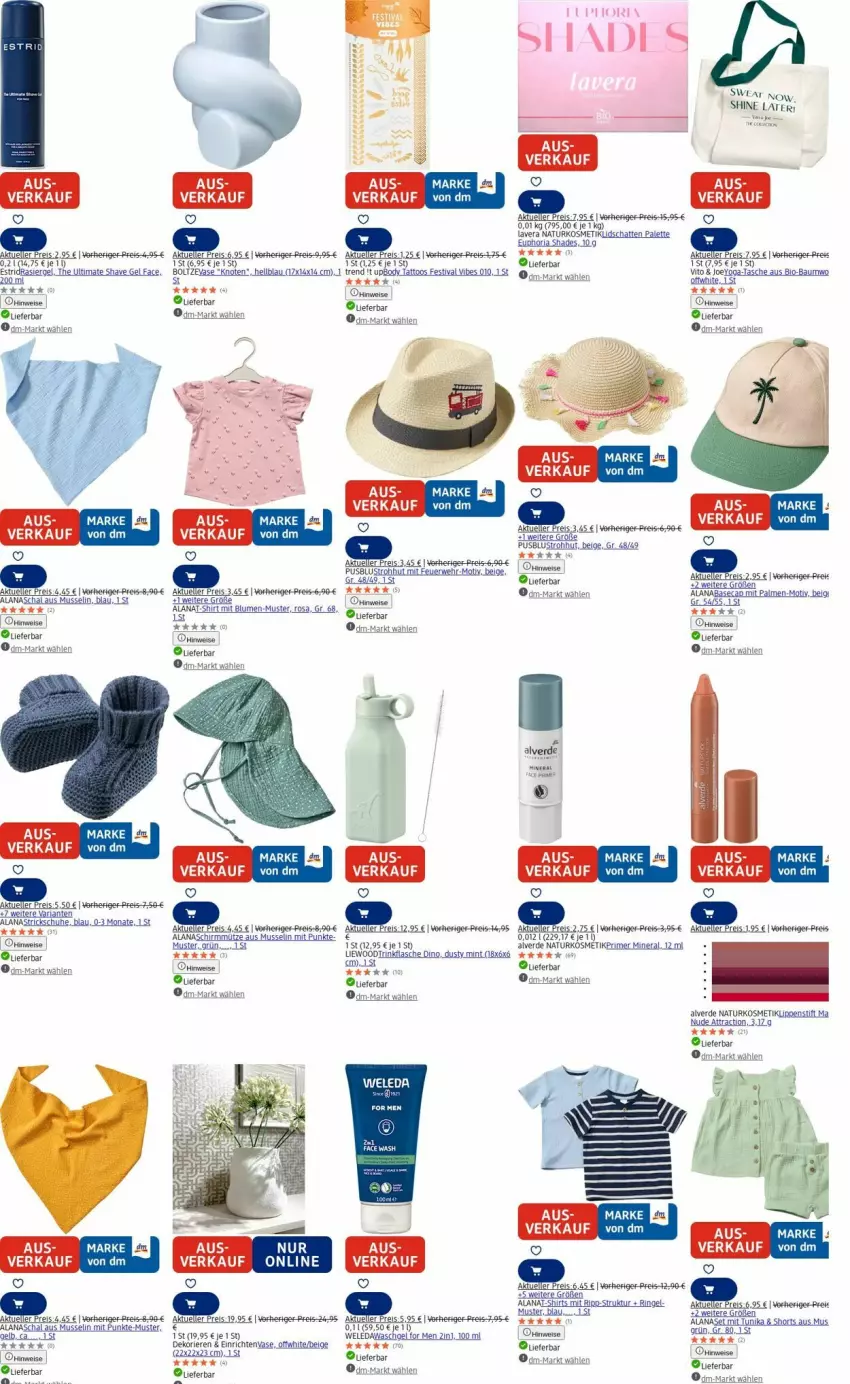 Aktueller Prospekt Dm Drogerie - Prospekte - von 08.09 bis 17.09.2025 - strona 18 - produkty: Alverde, Bau, bio, blume, blumen, eis, elle, erde, flasche, Kette, kosmetik, lavera, Lippenstift, mint, Mütze, natur, naturkosmetik, Palette, reis, Ria, ring, rwe, Schal, schuhe, shirt, shirts, shorts, Strohhut, T-Shirt, Tasche, tee, Ti, trinkflasche, tunika, usb, Vase, waschgel, weleda, Yo