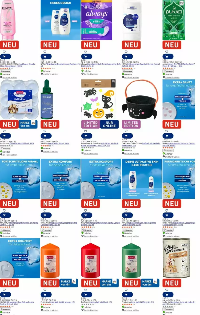 Aktueller Prospekt Dm Drogerie - Prospekte - von 08.09 bis 17.09.2025 - strona 7 - produkty: Alcon, alleinfuttermittel, Alwa, Always, Antitranspirant, deo, deo roll-on, deospray, Deostick, dusche, eis, elle, elvital, Engel, grüner tee, henkel, Heu, kerze, korb, Kürbis, LG, Maus, mint, minze, nassfutter, nivea, Nivea Men, orange, pflegedusche, Profissimo, rel, roll-on, sim, slip, slipeinlagen, spiegel, tee, Ti, vita, weleda