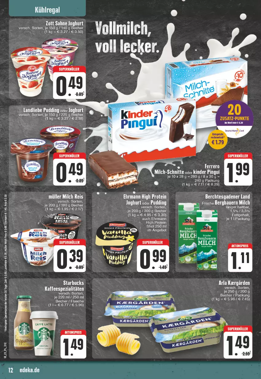 Aktueller Prospekt E Center - Angebote der Woche - von 01.05 bis 06.05.2023 - strona 12 - produkty: aktionspreis, angebot, arla, arlo, auer, Bau, Bauer, Becher, ehrmann, eis, ferrero, flasche, joghur, joghurt, kaffee, kaffeespezialitäten, landliebe, milch, Müller, pudding, reis, rel, Spezi, starbucks, Ti, zott, ZTE