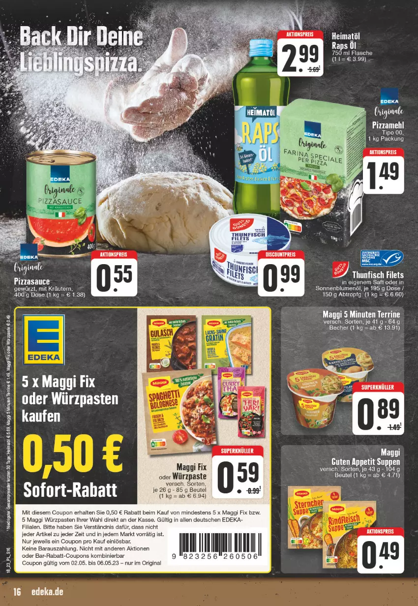 Aktueller Prospekt E Center - Angebote der Woche - von 01.05 bis 06.05.2023 - strona 16 - produkty: aktionspreis, aust, Becher, bett, beutel, blume, blumen, blumenöl, Bose, coupon, coupons, deka, eis, flasche, gin, LG, maggi, maggi fix, pizza, rabatt-coupon, reis, saft, sauce, sonnenblume, sonnenblumen, sonnenblumenöl, suppe, suppen, tee, terrine, Ti, timer