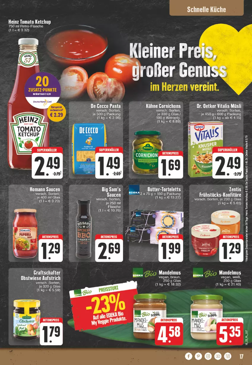 Aktueller Prospekt E Center - Angebote der Woche - von 01.05 bis 06.05.2023 - strona 17 - produkty: aktionspreis, aufstrich, beere, braun, De Cecco, Dr. Oetker, ecco, eis, elle, erdbeere, flasche, heinz, homann, ketchup, küche, leine, müsli, obst, pasta, reis, sauce, saucen, Ti, tomato ketchup, vita, vitalis, vitalis müsli, ZTE