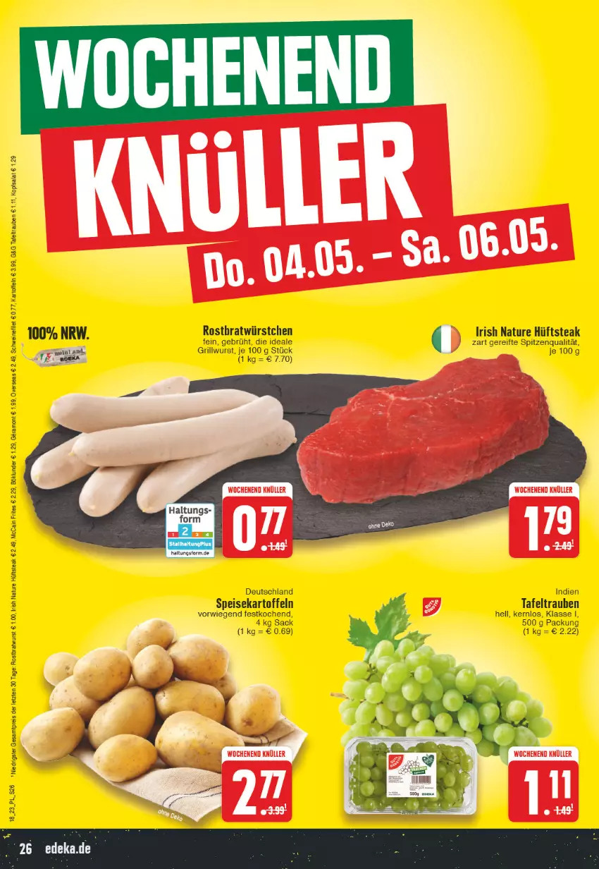 Aktueller Prospekt E Center - Angebote der Woche - von 01.05 bis 06.05.2023 - strona 26 - produkty: böklunder, bratwurst, eis, filet, grill, Grillwurst, hüftsteak, kartoffel, kartoffeln, kopfsalat, mccain, natur, reis, rostbratwurst, sac, salat, schwein, schweine, schweinefilet, speisekartoffeln, spitzenqualität, steak, tafeltrauben, trauben, wein, weine, wurst, würstchen, ZTE