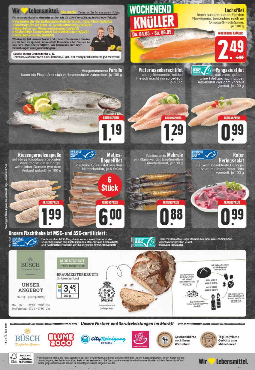 Aktueller Prospekt E Center - Angebote der Woche - von 01.05 bis 06.05.2023 - strona 28 - produkty: aktionspreis, angebot, aqua, auer, bier, blume, braten, brot, decke, deka, deutschlandcard, eier, eis, elle, erde, filet, fisch, fische, Fischer, fleisch, garnelen, grill, Hefe, hering, Herings, knoblauch, lachs, lachsfilet, lebensmittel, mac, malz, matjes, Meister, nuss, reis, Ria, riesengarnelen, ring, salat, Schere, Spezi, Ti, uhr, wasser, ZTE