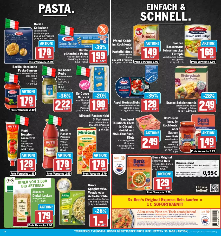 Aktueller Prospekt Hit - Prospekte - von 17.07 bis 22.07.2023 - strona 10 - produkty: aktionspreis, barilla, Ben’s Original, beutel, bio, coupon, coupons, De Cecco, ecco, eintöpfe, eis, ente, erasco, erde, feinschmecker, filet, filets, fisch, flasche, gin, gnocchi, hering, Herings, heringsfilets, in olivenöl, kartoffel, Kartoffelpüree, Knödel, knorr, kochbeutel, mars, Mirácoli, Mutti, natur, natura, olive, oliven, olivenöl, pasta, pasta-sauce, Pastagericht, pesto, pfanni, püree, Rauch, reis, Ria, ring, sauce, saucen, saupiquet, Schal, Schale, sofort-rabatt, sofortrabatt, telefon, thunfisch, thunfisch filets, Ti, tisch, tomate, tomaten, uhr, veggie, ZTE