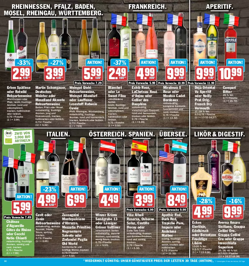 Aktueller Prospekt Hit - Prospekte - von 17.07 bis 22.07.2023 - strona 14 - produkty: ACC, amaro, aperitif, asti, auer, averna, Bad, berentzen, bio, campari, chia, chianti, cuvée, eier, eierlikör, eis, ente, finesse, flasche, frucht, früchte, früchten, grappa, grüner veltliner, kirsch, likör, monte, Montepulciano, moselland, olaz, osborne, primitivo, rebsortenweine, reis, rotwein, Ti, Vermouth, wein, weine, Wild, zonin, ZTE