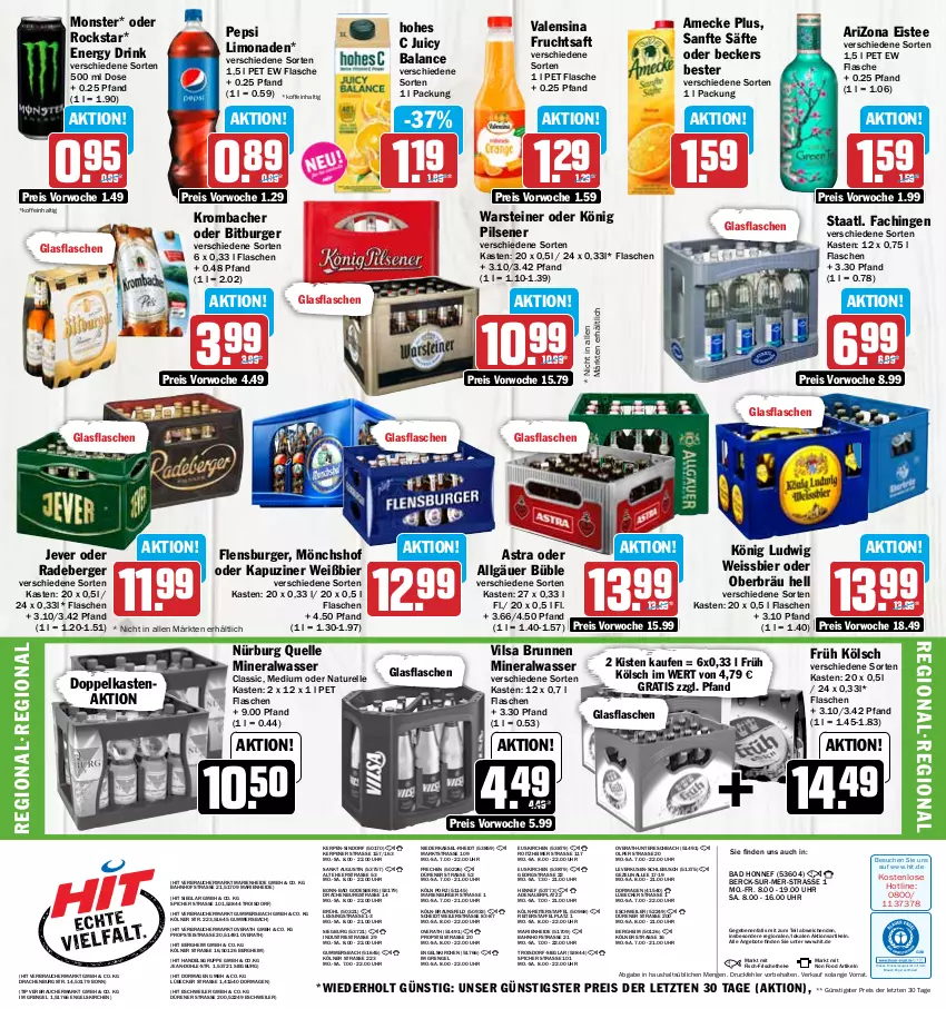 Aktueller Prospekt Hit - Prospekte - von 17.07 bis 22.07.2023 - strona 16 - produkty: Alwa, amecke, angebot, angebote, Astra, auer, Bad, Beckers Bester, Berger, bier, bitburger, braun, brunnen, burger, drink, drucker, eimer, eis, eistee, elle, energy drink, Engel, fisch, flasche, flensburger, frucht, fruchtsaft, Früh Kölsch, glasflasche, Hohes C, jever, kerze, könig pilsener, krombache, krombacher, LG, limo, limonade, limonaden, Lübecker, mineralwasser, Mineralwasser Classic, mönchshof, monster, natur, pepsi, pils, pilsener, radeberger, Rauch, reis, rel, Rockstar, saft, säfte, Staatl. Fachingen, steiner, tee, Ti, uhr, valensina, vilsa, warsteiner, wasser, weissbier, ZTE